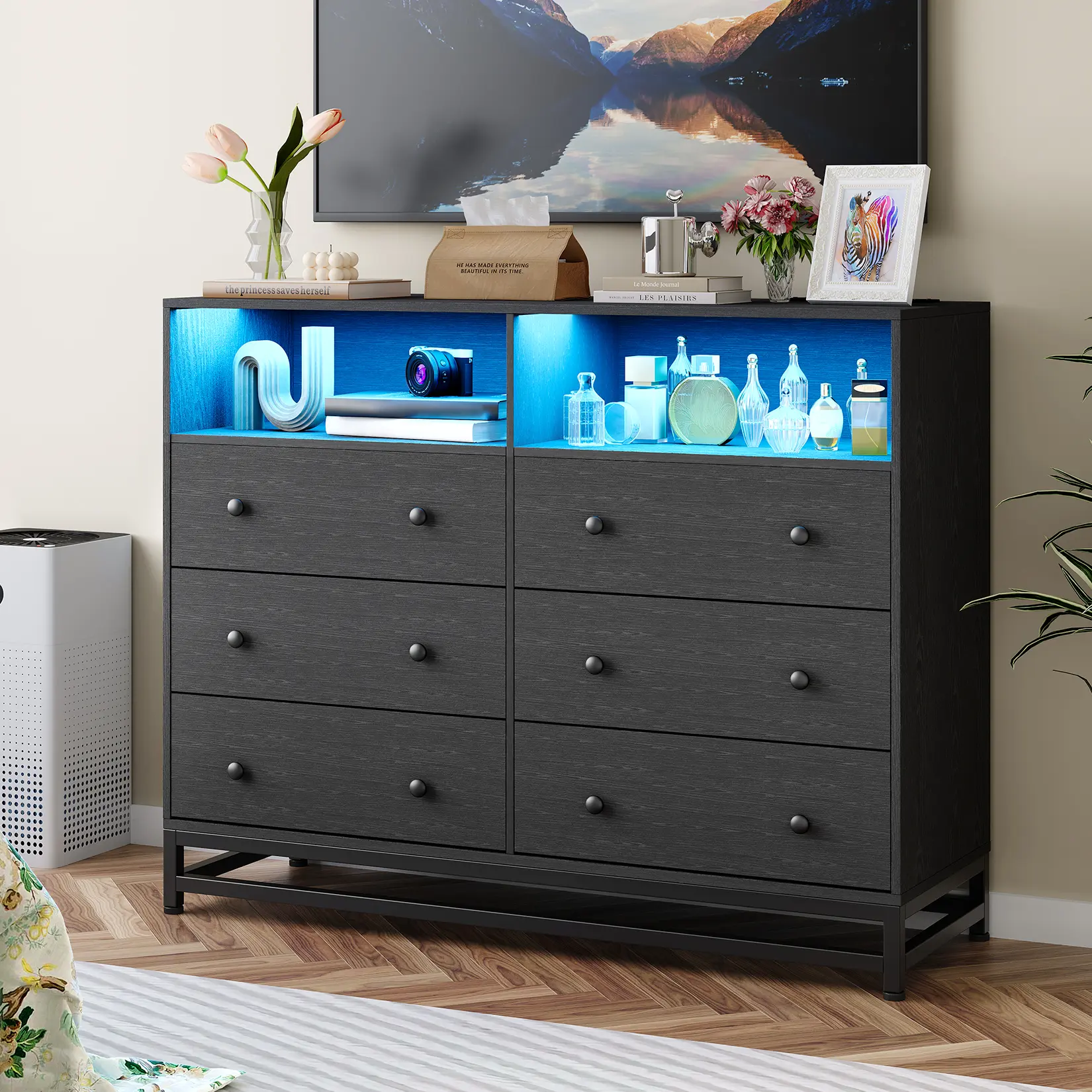 6 Drawers Wood Dresser with RGB LED Light & Charging Station, 47 Inch Wide Modern Chest of Drawers, Deep Wooden Dresser TV Stand for 47" TV, Storage Dresser Cabinet for Bedroom Living Room Entryway Hallway