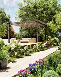 GARVEE 10x13 Ft Aluminum Pergola with Retractable Canopy Metal Gazebo for Modern Backyard Deck Porch Grape Trellis(Khaki)