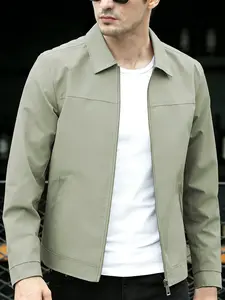 Men's casual jacket, 100% polyester fiber, easy to maintain fabric, zipper closure design, lightweight solid color versatile lapel jacket, machine washable, suitable for daily outings, sports and casual wear, and formal wear - Spring and Autumn