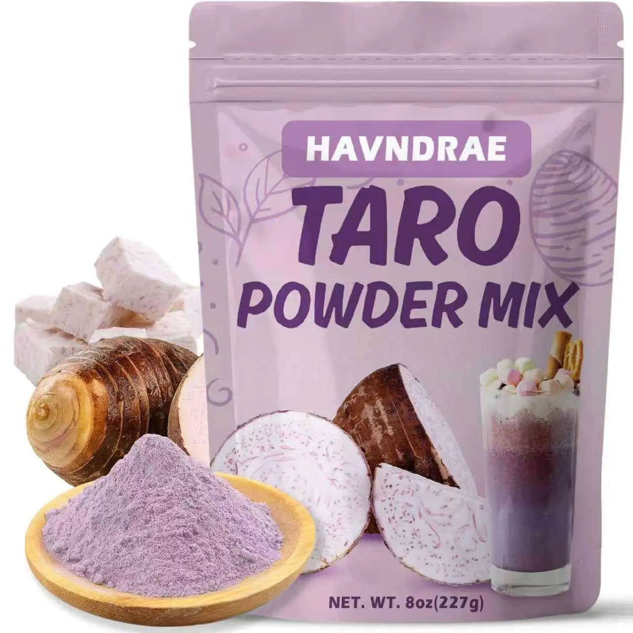 8 oz Instant Taro Yam Powder Mix - Creamy Taro Sips Powder Packet Drink Toppings for Purple Food Coloring, Latte, Cooking, Baking