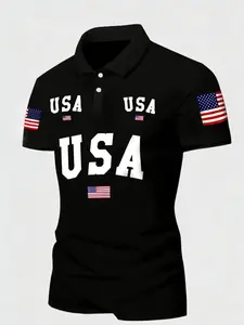 Men's Usa Printed Polo Shirt, Menswear, Standard Short Sleeve, Standard Fit, Classic Contrast Collar, Casual Summer Ideal Choice, Perfect Gift for Men