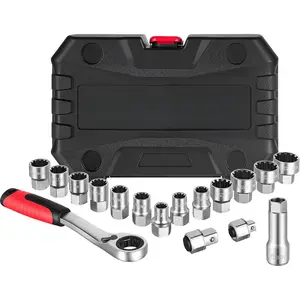 17PCS 3/8" & 1/2 Pass Through Socket Set, 2-In-1 Conversion For Standard Ratchet/Pass-Through Ratchet, Pass Thru Go Through Mechanics Tools Set For Hex, Square, E-Torx, Spline