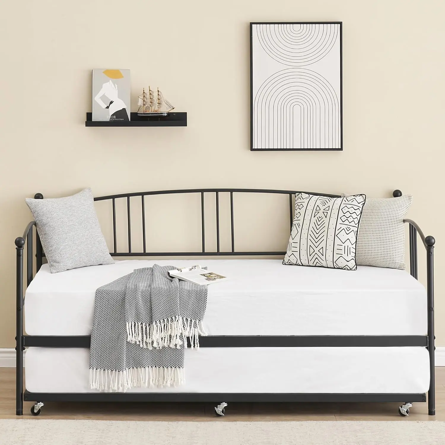 Twin Daybed, Metal Sofa Bed Frame with Steel Slat Support for Living Room, Bedroom and Guest Room, Black,01-Black