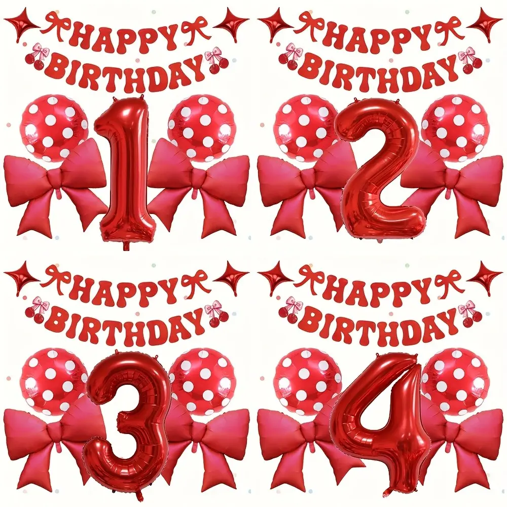 Theme 32 Inch Number Balloon Set, Includes Happy Birthday Banner, Large Bow Tie, Polka Dot Balls, Perfect for First Birthday Party Decorations, Balloon Party Supplies