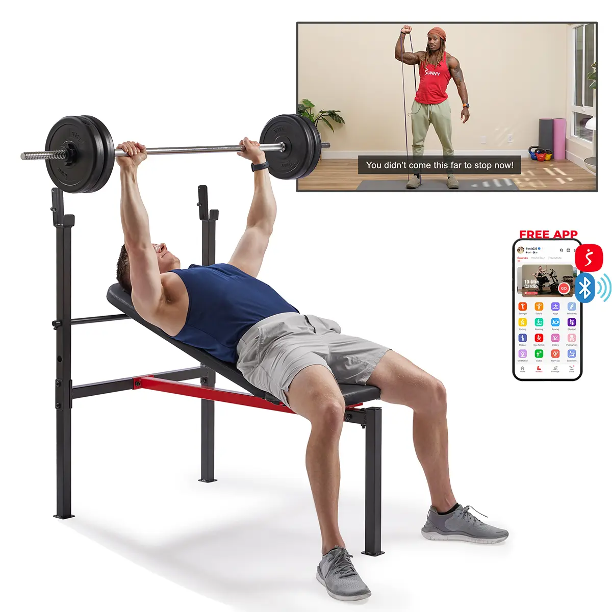 Sunny Health & Fitness Adjustable Incline Bench Press with Rack Set, Strength Training, Home Gym Workout Fitness, Multi-Functional Mini Gym, Adjustable Incline, High Density Foam Padding, Heavy-Duty Steel Frame, 630 lbs Capacity