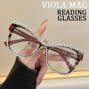 Rectangular large frame diamond cat's eye anti-blue light reading glasses extra large glasses fashionable presbyopic glasses - the best choice for reading books, mobile, office work and gifts
