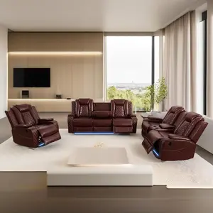 Cove Brown Vegan Leather 3-Pieces reclining  Sectioanal Living Room Sofa Set With Cup-Holders ,Wireless Charging and LED Lights