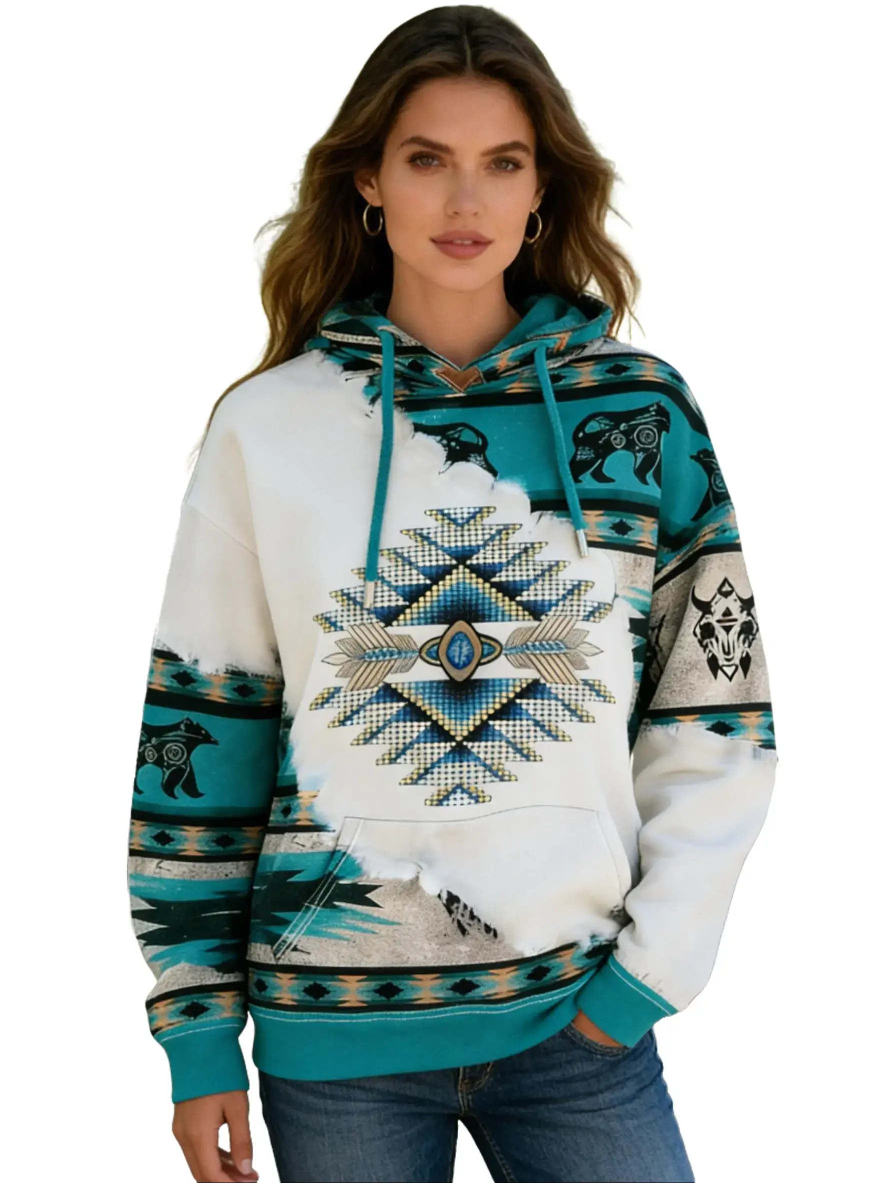 Women's Western Style Aztec Hoodie, Cowgirl Ethnic Rhombus Print Pullover with Soft Long Sleeves, Drawstring Hood and Kangaroo Pocket for Casual Everyday Wear