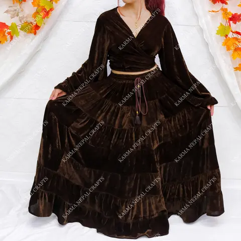 Women's Bohemian Viscose Velvet Flowy Maxi Skirt - Stretchy Elastic Waist, 70s Style, Ruffle Accents, Minimalist Solid, Comfortable, Drawstring Detail, Winter Festival Wear, Matching Fits Bell Sleeve Top, Everyday Maxi Skirts, Plus Size Clothes