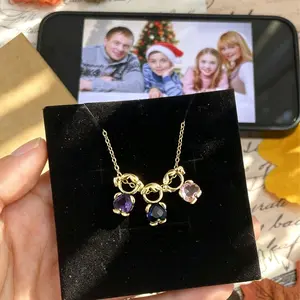 Two/Three Kids Birthstone Interlocking Necklace, Sentimental Mother Child Bond Pendant Jewelry, Dainty Personalized Keepsake,Gift for Mom Women Daughter Teen Girls