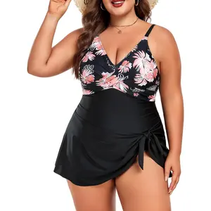 Women Plus Size Swim Dress Tummy Control One Piece Swimsuit Wrap Full Coverage Modest Bathing Suit Cute Tie Knot