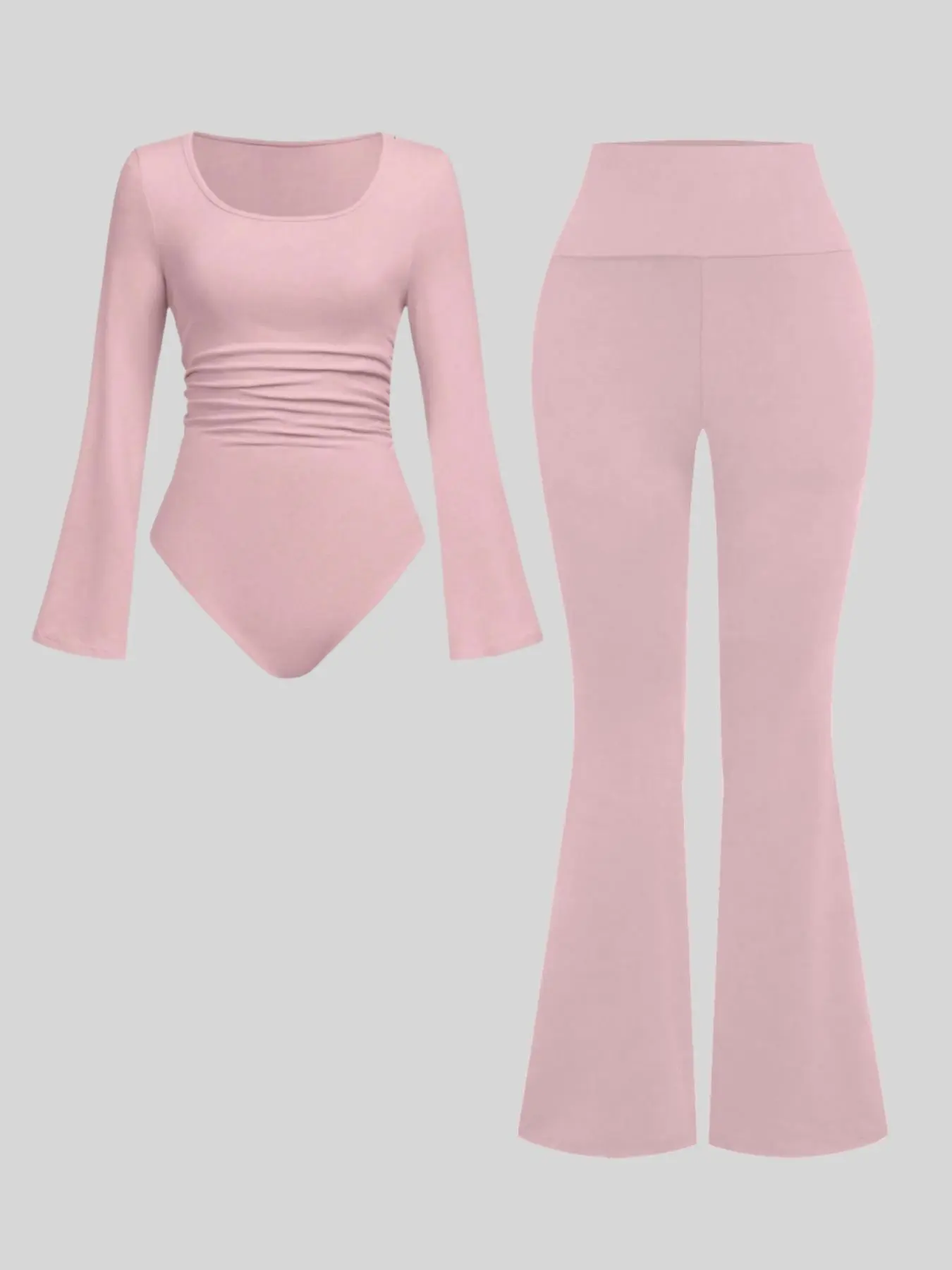 Women's Solid Ruched Bodysuit & Flare Leg Pants Two-piece Set, Casual Knit Set, Casual Fashion Cozy Long Sleeve Bodysuit & High Waist Bell Bottom Trousers for Daily Outdoor Wear, Women's Clothing for Spring & Fall