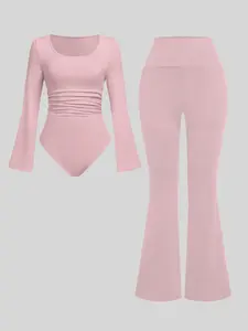 Women's Solid Ruched Bodysuit & Flare Leg Pants Two-piece Set, Casual Fashion Cozy Long Sleeve Bodysuit & High Waist Bell Bottom Trousers for Daily Outdoor Wear, Women's Clothing for Spring & Fall
