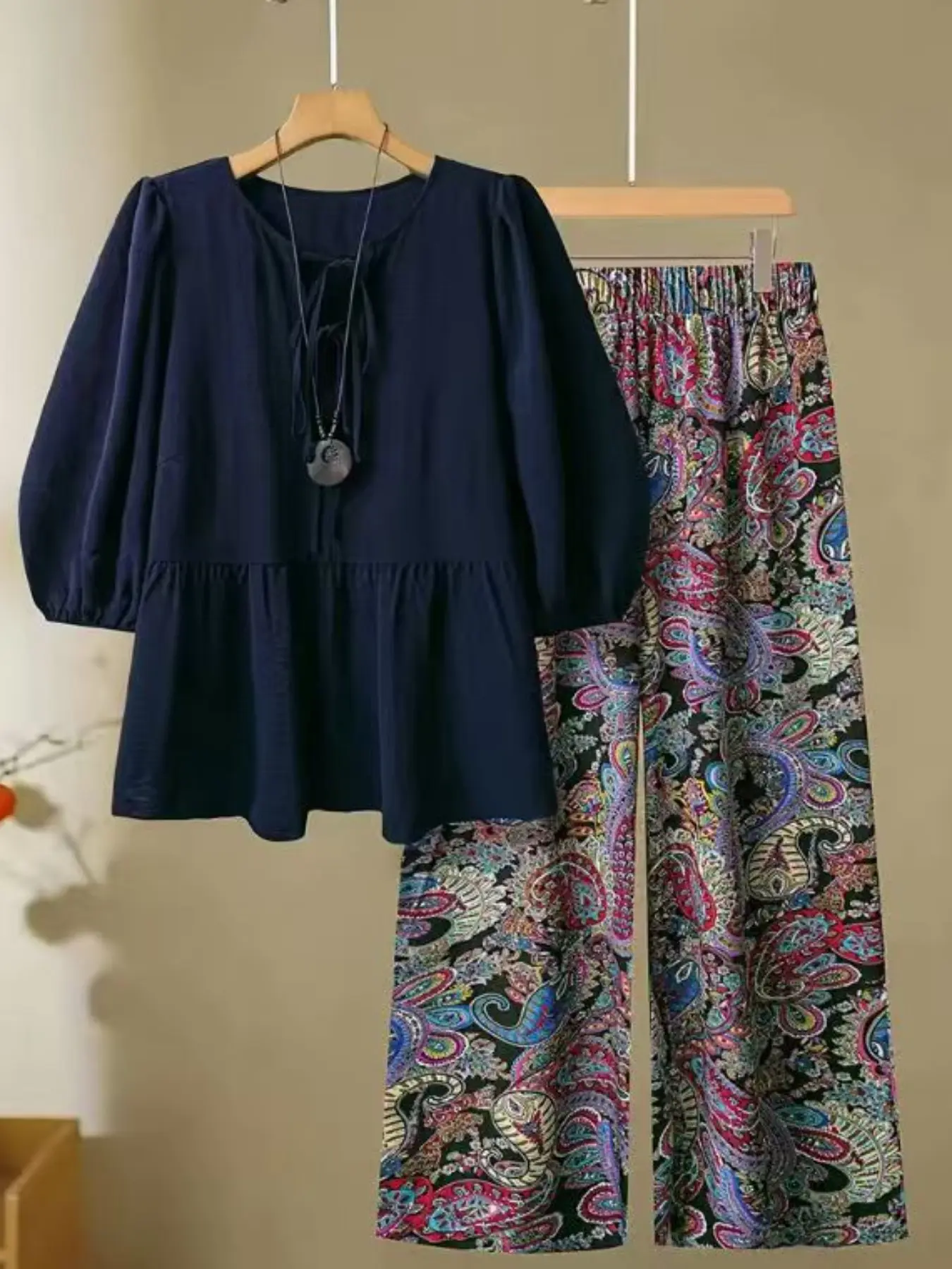 Women's Plus-Size Summer Boho Two-Piece Set, Loose Tie-Front Top and Wide-Leg Pants, Comfortable Casual Matching Set for Ladies, Boho Outfit Sets