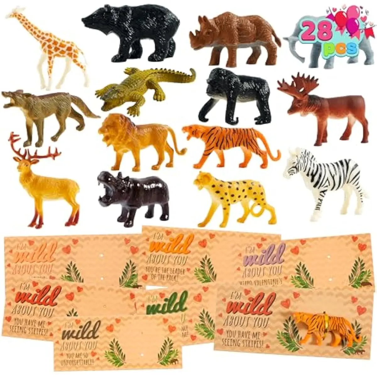 28Pack Valentines Day Gifts Cards with Zoo Animals Figures for Boys Girls, Greeting Cards for Classroom Exchange, Kids Party Favors School Game Prize Toys