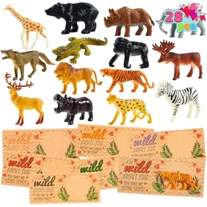 28Pack Valentines Day Gifts Cards with Zoo Animals Figures for Boys Girls, Greeting Cards for Classroom Exchange, Kids Party Favors School Game Prize Toys