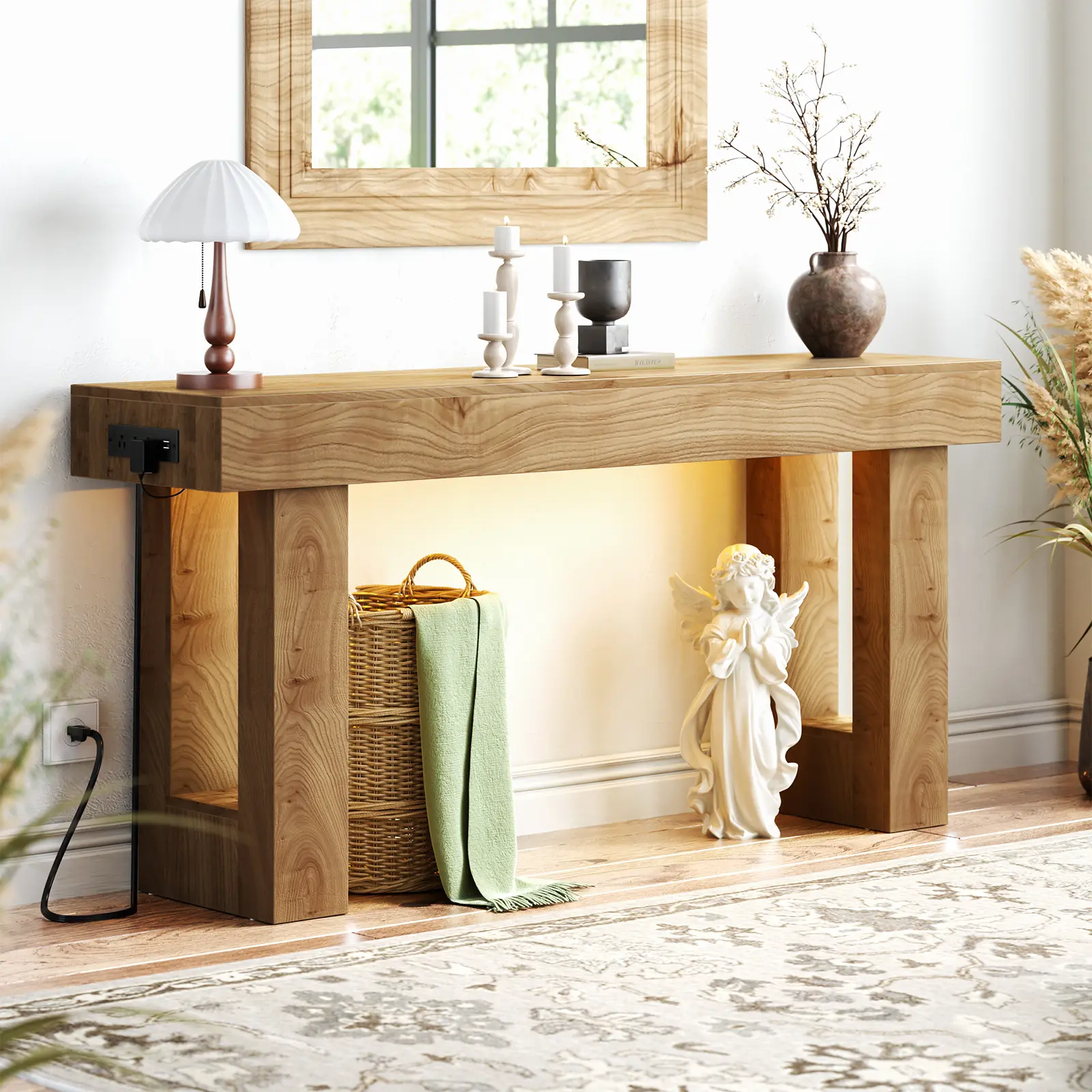 63" Electrical Outlet Narrow Console Table Unikito Entryway Table with Open Shelf Multi-Functional Farmhouse Sofa Table for Hallway or Living Room White Durable MDF Board with USB Ports