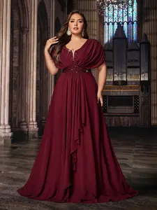 Plus Size Burgundy Chiffon Evening Gown V-Neck Cape Sleeve Formal Dinner Party Dress for Special Occasions Non-Stretch Fabric Elegant Silhouette - Fashion