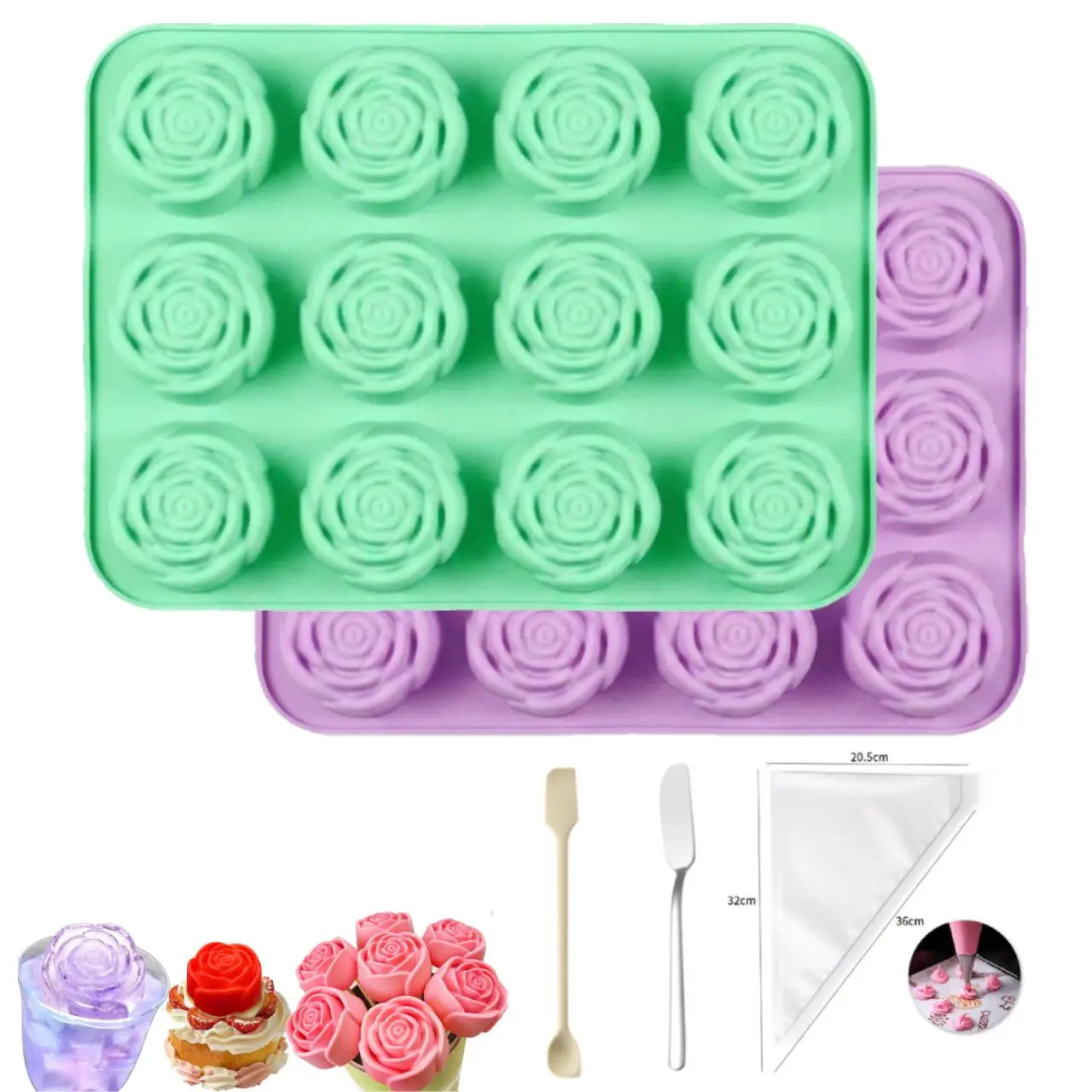 Premium Silicone Rose Mold Set - 2 Large 3D Rose Flower Molds, BPA-Free, Non-Stick, Oven & Freezer Safe, Includes Spatula, Knife, Piping Bags, Kitchen Scraper for Baking & Crafting