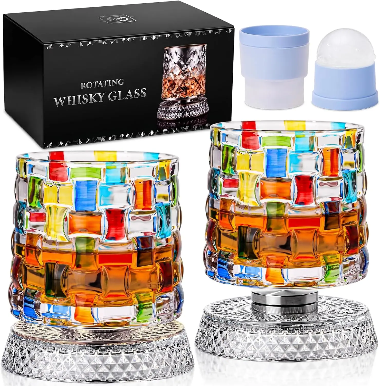 Hand Painted Spinning Old Fashioned Glass Set of 2, 9oz 360° Rotating Whiskey Glass with Ice Ball Molds, Rotating Bourbon Tumbler for Cocktails, Unique Home Bar Gift for Men Father’s Day HousewarmingCocktail and Rocks,Unique Men Gifts for Home Bar-Wicker