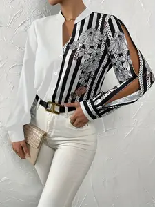 A ladies' floral print, striped, patchwork design long-sleeved Fitted shirt, highly versatile for all kinds of formal occasions, Blouses