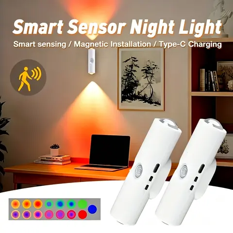 3/4PCS Adjustable RGB Smart Motion Sensor LED Wall Sconce - ABS RGB Multicolored Light, USB Rechargeable Magnetic Wireless Battery Light, Auto On/Off Dimmable Ambient Lighting for Bedroom, Corridors, Home Decor