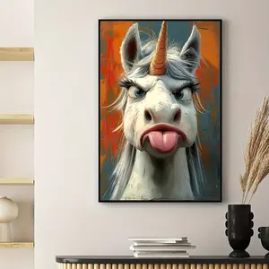 1 Whimsical Unicorn Canvas Wall Art - Vibrant Cartoon Style, Frameless Modern Decorative Print for Living Room, Bedroom, Home Office - Colorful Animal Poster with Playful Tongue-Out Design, Unicorn Room Decor