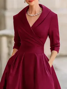 French Fashion Chic Versatile Solid Color Deep V Neck New Women's Long Sleeve Dress, Vintage European Style Waist Cinching Party Dress