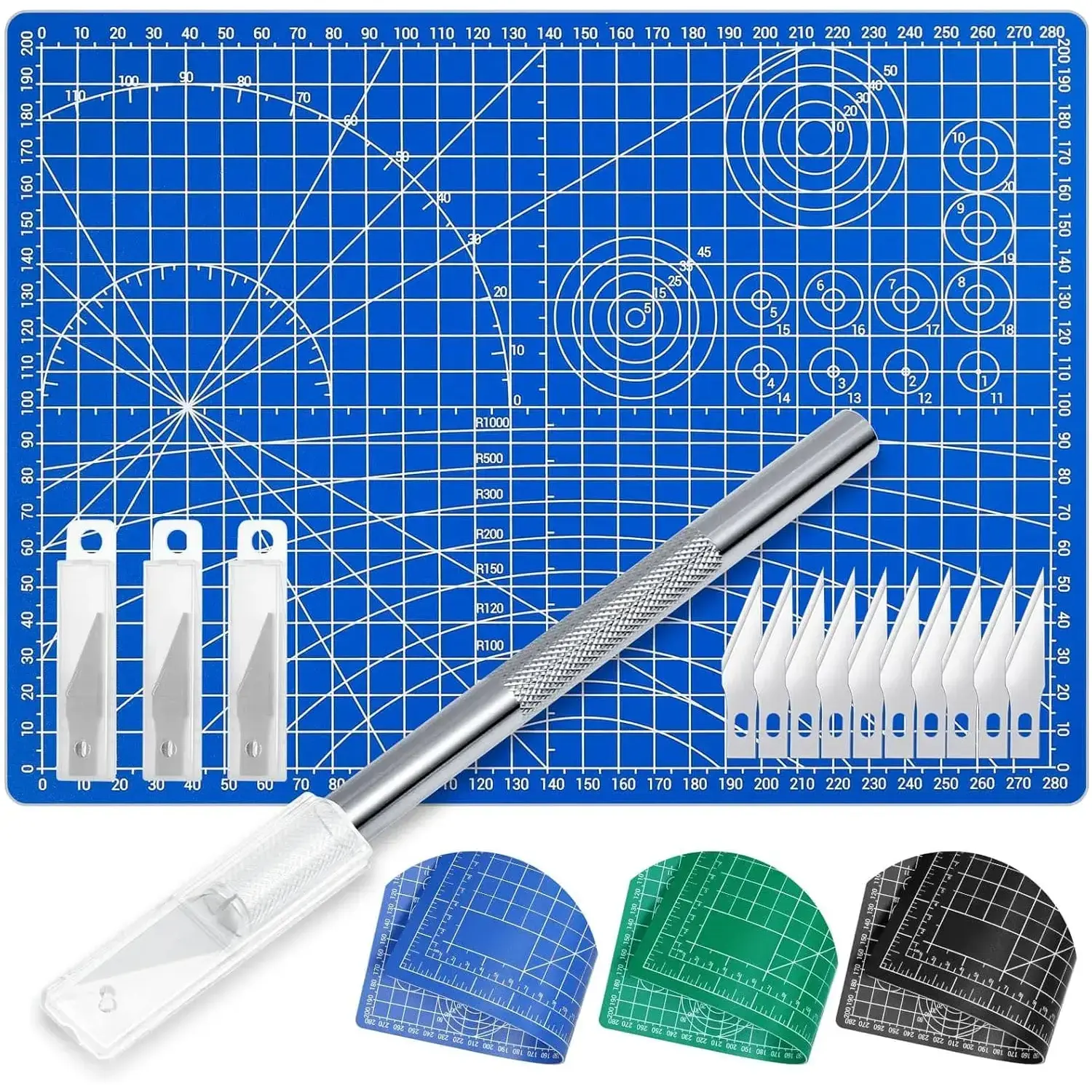 New Precision Hobby Cutter Set - Anti-Skidding Aluminum Handle Exacto Knife, 1pcs 12 x 9 inches A4 Self-Healing Cutting Mat (A4 Sewing Mat), 30 SK-5 Blades for DIY Crafts, Cardboard, Office Cutting Supplies