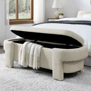 Linen Upholstered Ottoman, Modern Oval Entryway Storage Bench, Large Hidden Storage Ottoman, Fully Assembled Multi-use Bedroom End-of-Bed Bench for Home Indoor Decor