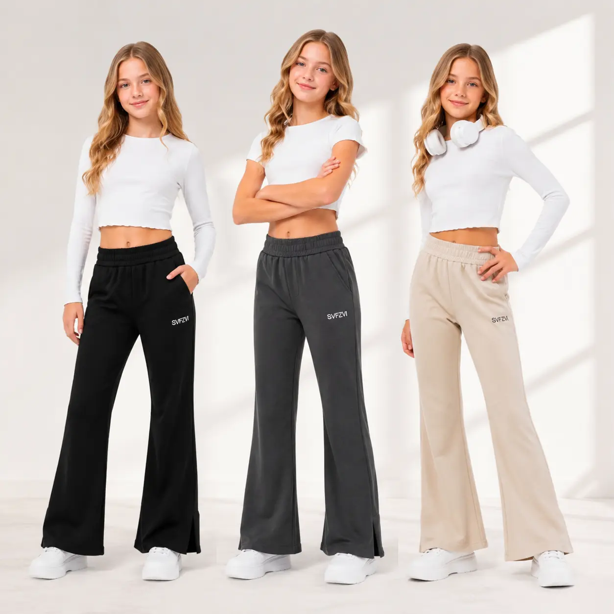 SVFZVI Girls' High-Waisted Minimalist Flared Pants  Girls' Loose-Fit Sweatpants  Stylish Casual Sweatpants  Loose-Fit Straight-Leg Pants  With Side Pockets,Embroidered Wide-Leg Flared Pants Style Bottom Trouser Womenswear