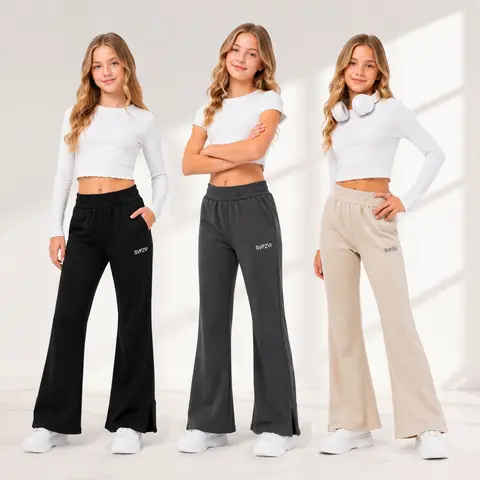 SVFZVI Girls' High-Waisted Bell Bottom Pants - Polyester, Elastic Waist, Side Pockets, Embroidery, Minimalist Loose Flare Baggy Legged Casual Trousers, Kids Clothing for 9-10y,10-11y,11-12y,13-14y School-to-Home Outfit