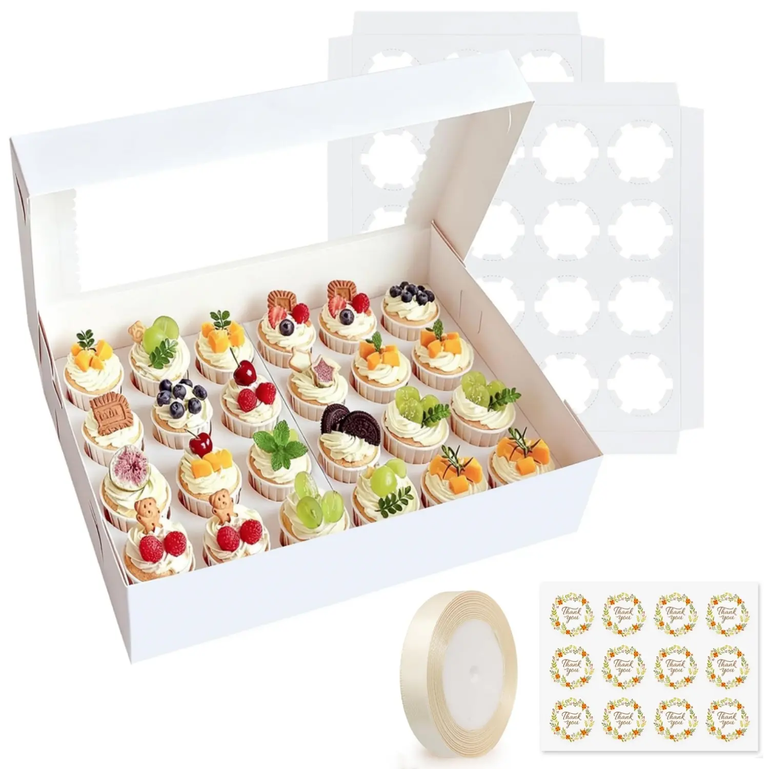 White Disposable Bakeware Mini Bakery Cake Boxes (6 Pack, 24 Count) - 14.37x10.43x3.4in, Transparent Window View, Inserts, Foldable for Storage, Decorative Outline, Baking Accessories, Individual Cupcake Containers for Birthday, Holiday Parties
