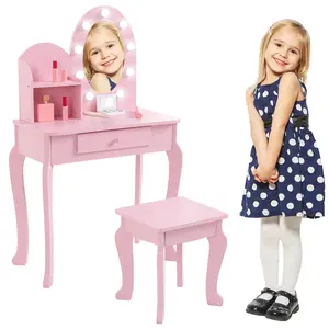 Kids Vanity Set,Wooden Little Princess Dressing Table for Children Birthday  gits for kids  White Toddler Makeup Vanity Table with Stool, Lights, Mirror, Play Makeup Set, Drawer, 2 Open Storage Shelves