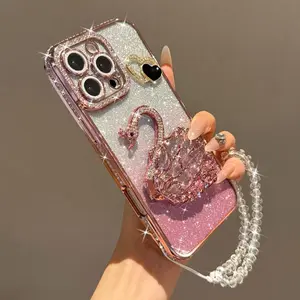 Glitter Swan Design Phone Case with Beaded Chain, Rhinestone Decor Phone Protective Cover, Phone Accessories Compatible with iPhone 16 15 14 13 12, Casing