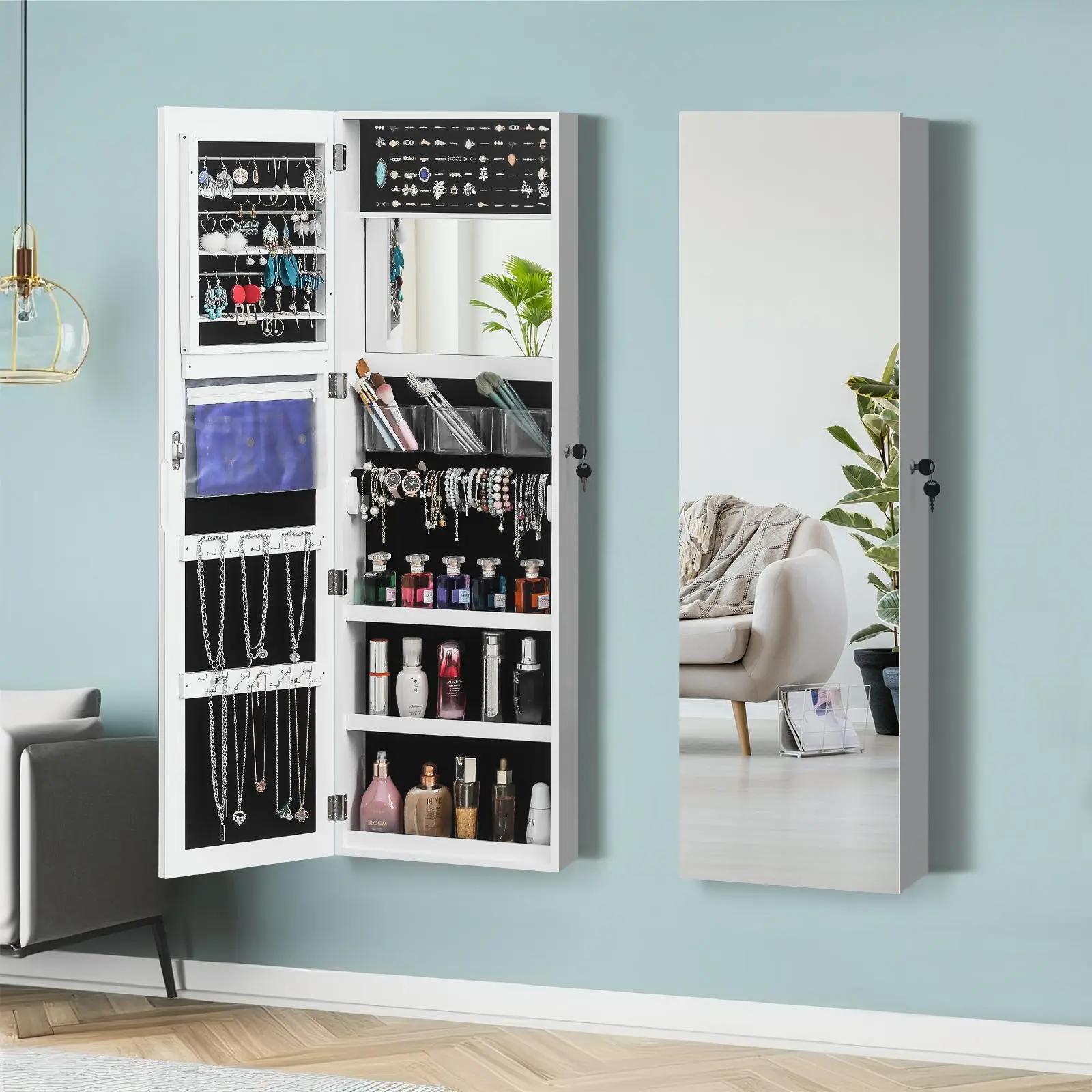 Retro PVC Wood Grain Coating Whole Body Mirror Decoration Storage Dressing Mirror Jewelry Mirror Cabinet White Unique Bedroom Furniture Cupboard