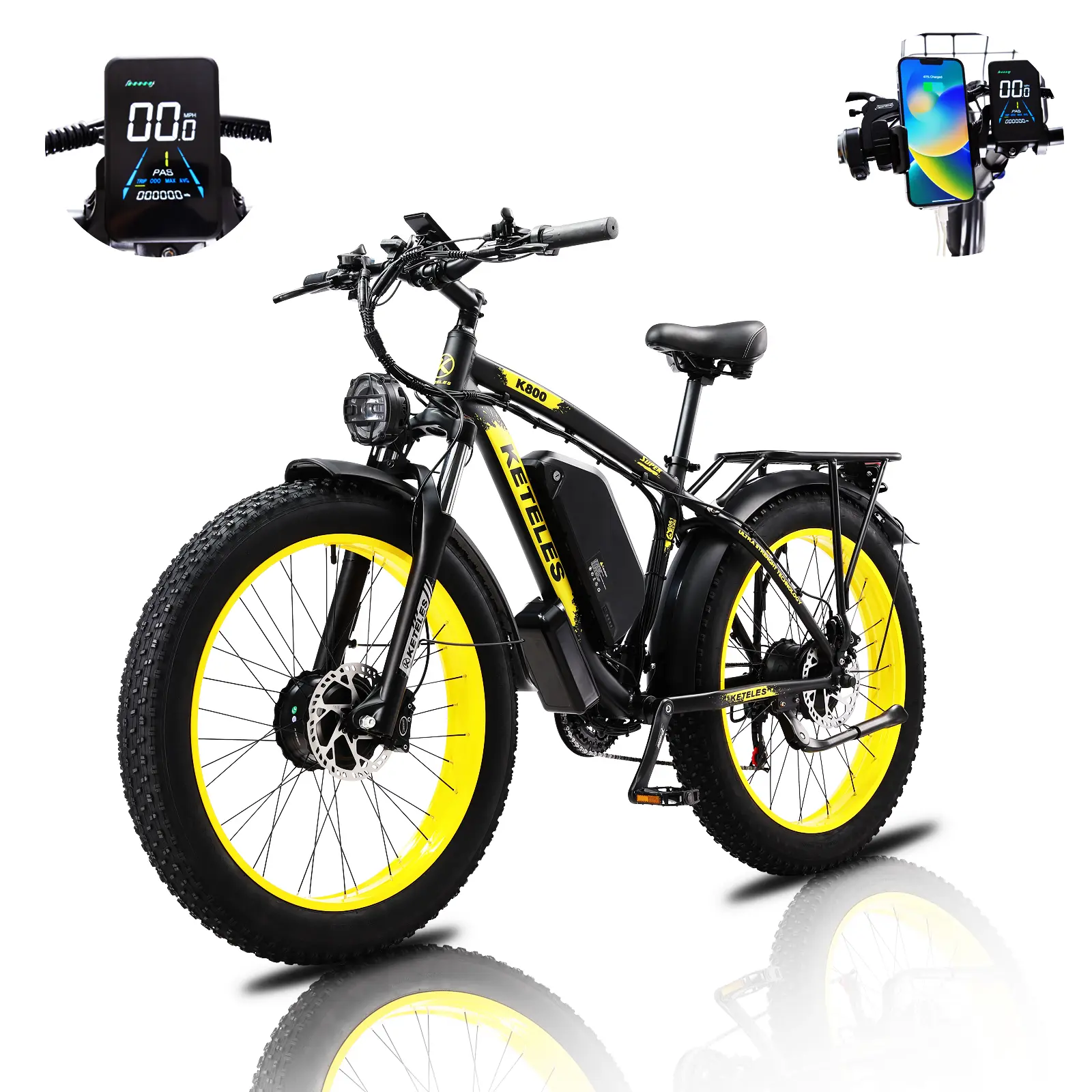 ebycco Adult Electric Bike - AWD Dual 4000W Motor, 26'' Fat Tire Mountain Aluminum Ebike, 48V 23AH Battery, Hydraulic Brake, 21 Speed, 2-Seat, Front Fork, 28mph, UL Certified Adventure Dirt Bicycle, Mountain Ebike, Aluminum Bike