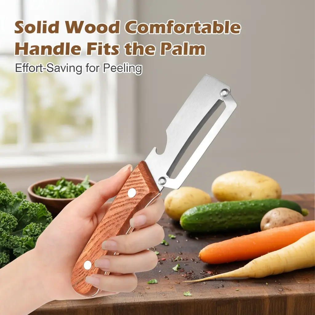 Premium-Grade Fruit & Vegetable Peeler | Sharp Stainless Steel Blade, Ergonomic Wooden Handle + Built-in Bottle Opener – Ideal for Daily Kitchen Use (Potatoes, Apples, Pumpkins & More)