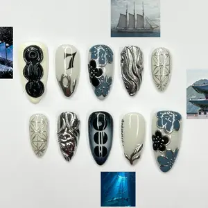 Kpop Inspired Indigo Voyage Nails | 7 Spirit Arirang Silver Shark Nails | Ocean Muse 3D Chrome Nails | Handmade Nails