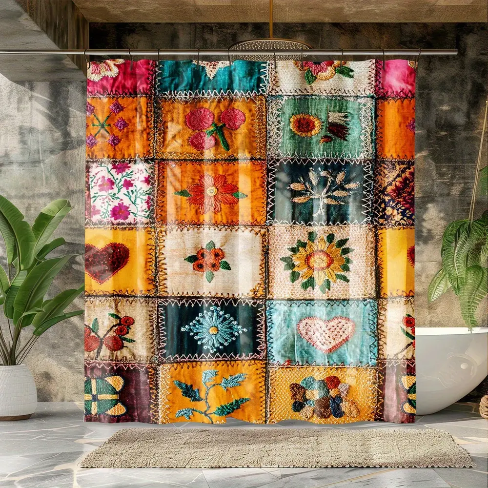 1pc Vintage Bohemian Geometric Square Shower Curtain Boho Shower Curtains for Bathroom - High-Definition Digital Printing Polyester Fabric with Floral Patterns, Machine Washable Bathroom Decor, Easy Maintenance Fabric, Bathroom Accessory