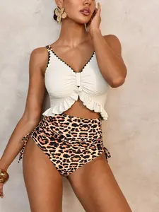 Women's V-Neck Swimsuit with Ruffle Trim, Leopard Print Cut Out One-Piece Swimwear, Perfect for Beach and Vacation