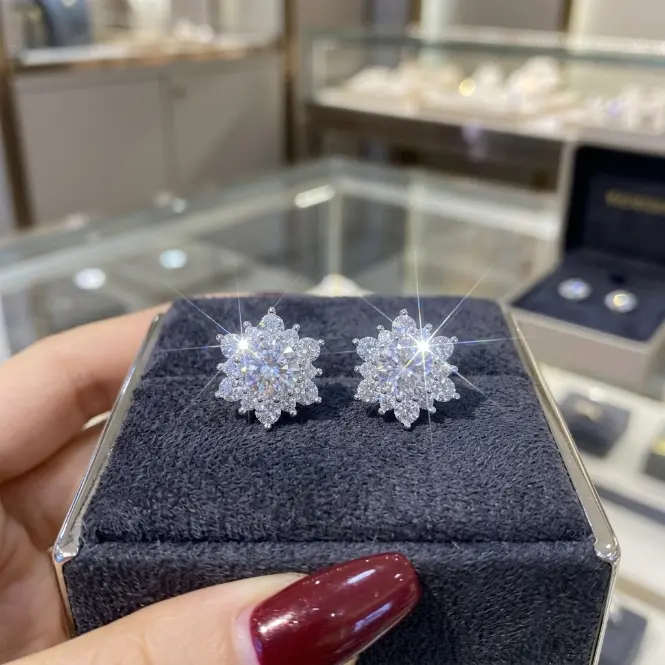 Sparkling Snowflake Halo Stud Earrings for Women, Round Cubic Zirconia Flower Ear Studs, Silver Plated Elegant Jewelry Gift