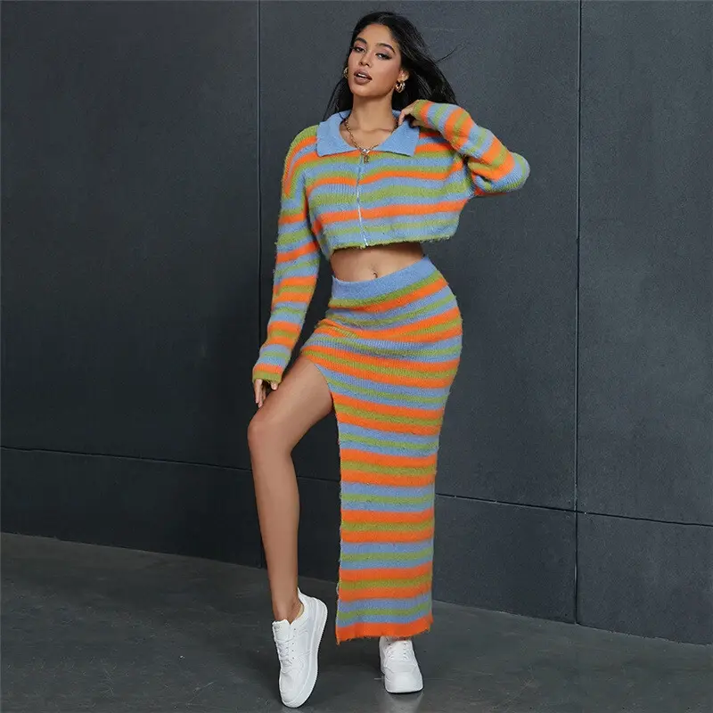 Trending Super cute knitted striped top and Skirt Spandex Womenswear