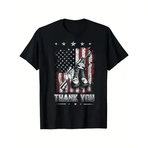 Menswear Short Sleeve Round Neck Top - Patriotic Memorial Day USA Flag & Military Boots Design, 100% Cotton Unisex Black Streetwear Tee, S-XXXL, Comfortable Stylish for Casual Wear & Outdoor Activities Crewneck Tshirt