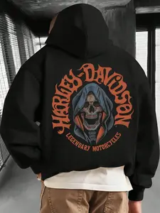 Men's Spring & Fall Hooded Sweatshirt, graphic print hoodie, Creative Skull Graphic Letter Print, Comfortable Casual Loose Fit, All Seasons Daily Wear