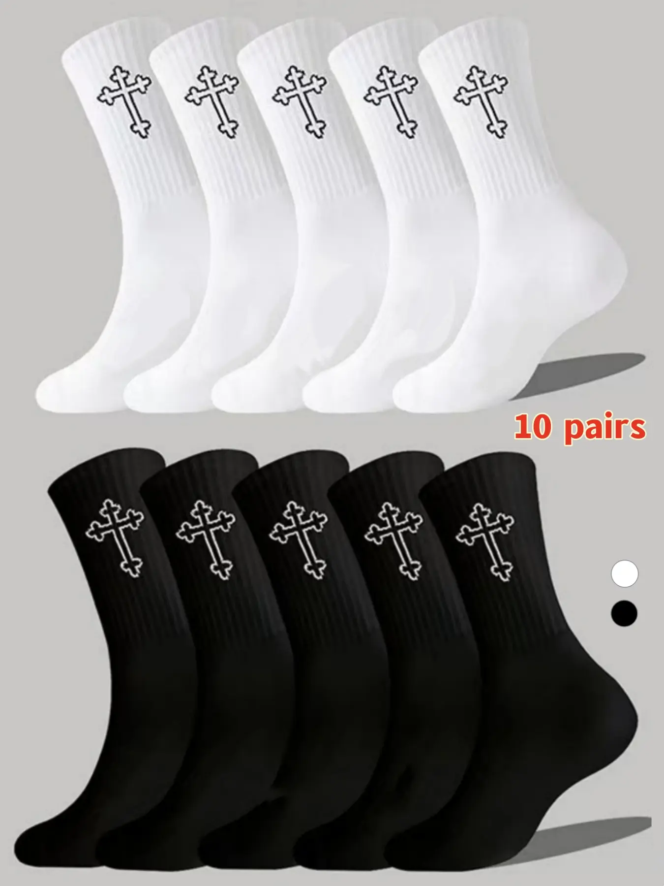 10 pairs of men's and women's Halloween gothic retro cross print mid tube socks, Athletic, black and white breathable sweat absorbing drawstring mouth not slipping, arch support not slipping sports socks, versatile socks for Halloween parties, home fitne