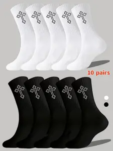 10 pairs of men's and women's cross-stitch casual mid-calf socks, Fitted casual socks, in a couple's set, Valentine's Day gift, breathable, sweat-absorbent, comfortable, durable, suitable for daily work, leisure, running, sports, outdoor cycling