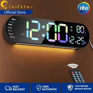 Sailstar Large Digital Wall Clock with Remote, 13.7“ Large Display LED Alarm Clock with Time Date Temp Week, Classroom Clock with Countdown Function, 12/24H, Adjustable Brightness for Living Room Decor Light Rgb
