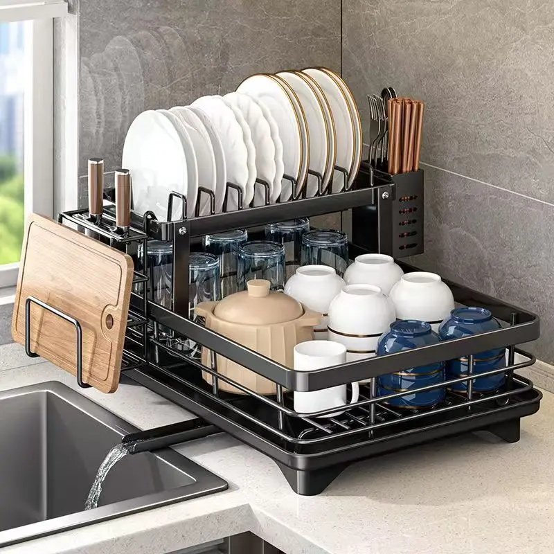 Clutter-Free Kitchen Solution – 2-Layer Dish Drying Rack with Drainboard & Built-In Drain Pipe | Large Capacity Black Carbon Steel Organizer for Plates, Utensils, Knives & Cutting Boards | Space-Saving Countertop Storage