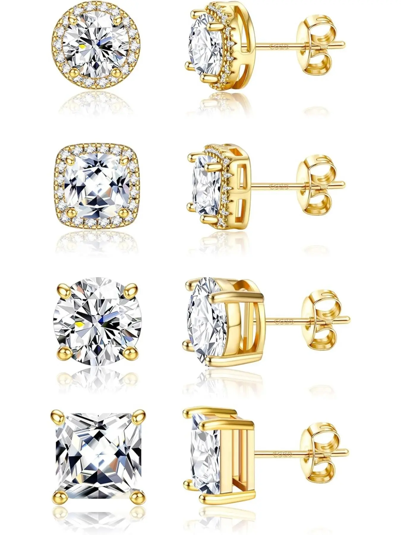 Stud Earrings for Women Men, Stud Earrings Set, 925 Sterling Silver Earrings for Sensitive Ears, 6/8/10mm Cubic Zirconia Earrings Studs, 18K Gold Plated Simulated Diamond CZ Halo Earrings 2/4Pairs, Stud Earring Pack, Stud Earrings Jewelry